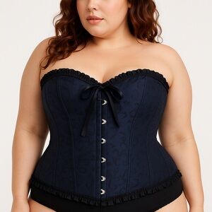 Black Jacquard Hook Front Lace-Up Back Corset Top – Ruffle Bustier 3XL Unbranded